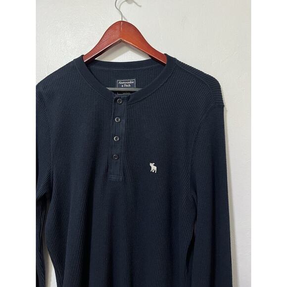 Abercrombie & Fitch Men's Ribbed Henley Top Size L Navy Fitted Y2K Preppy - Picture 3 of 6